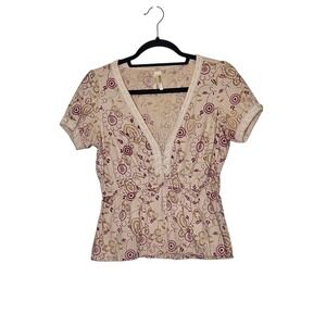 Fossil Ditzy Floral Short Sleeve V-Neck Blouse Top Lace Trim Large Boho 90s Y2K